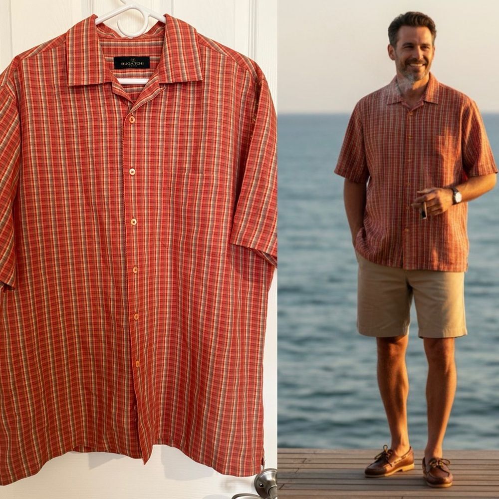 Bugatchi Uomo Men’s Short Sleeve Button-Up Shirt Red Plaid Linen Blend XL